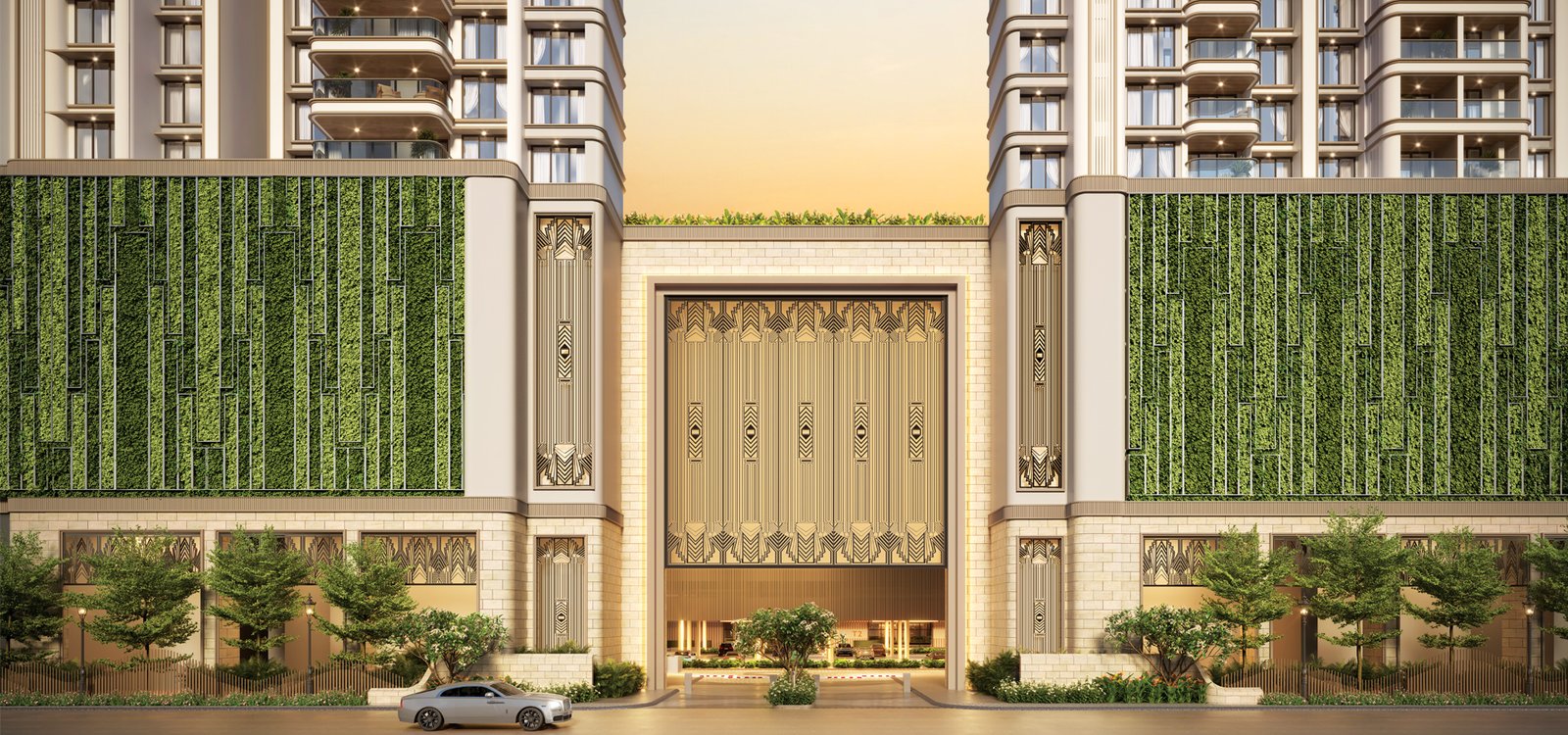 Lodha Aureus Sewri twin towers exterior at dusk